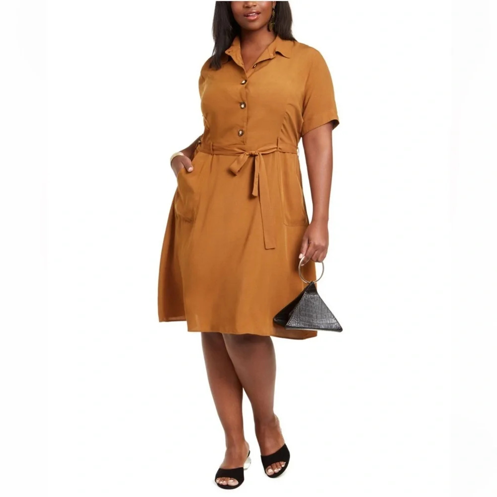 Monteau Women's Brown Rayon Shirt Dress with Tie Waist and pockets Size L